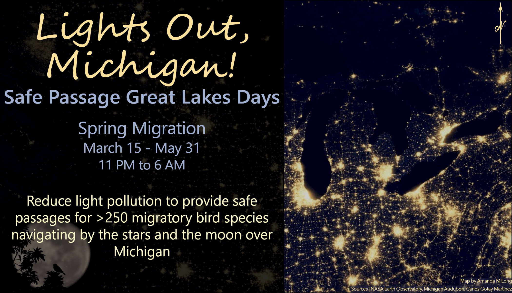 Map of Great Lakes region
                                    light pollution at night. Turn off lights March 15-May 31 to provide migrating birds safe passages.